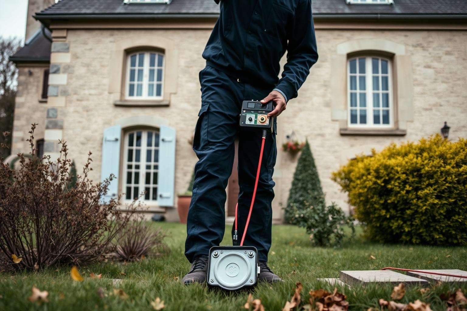 Technicien GIC en recherche de fuite devant une villa en meulière à Nogent-sur-Marne