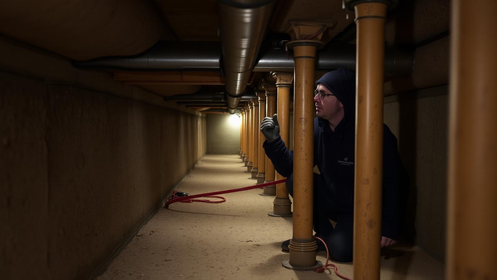 Technicien GIC contrôlant des canalisations dans un sous-sol technique de résidence à Noisiel