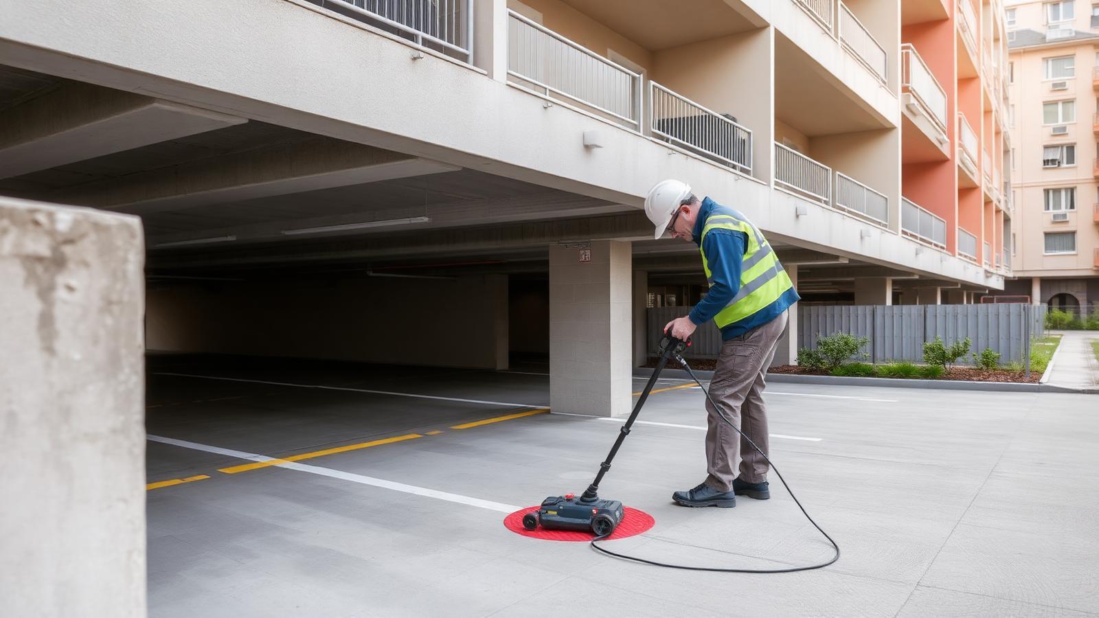 Technicien GIC recherchant une fuite sur la dalle d'un parking résidentiel à Noisy-le-Grand