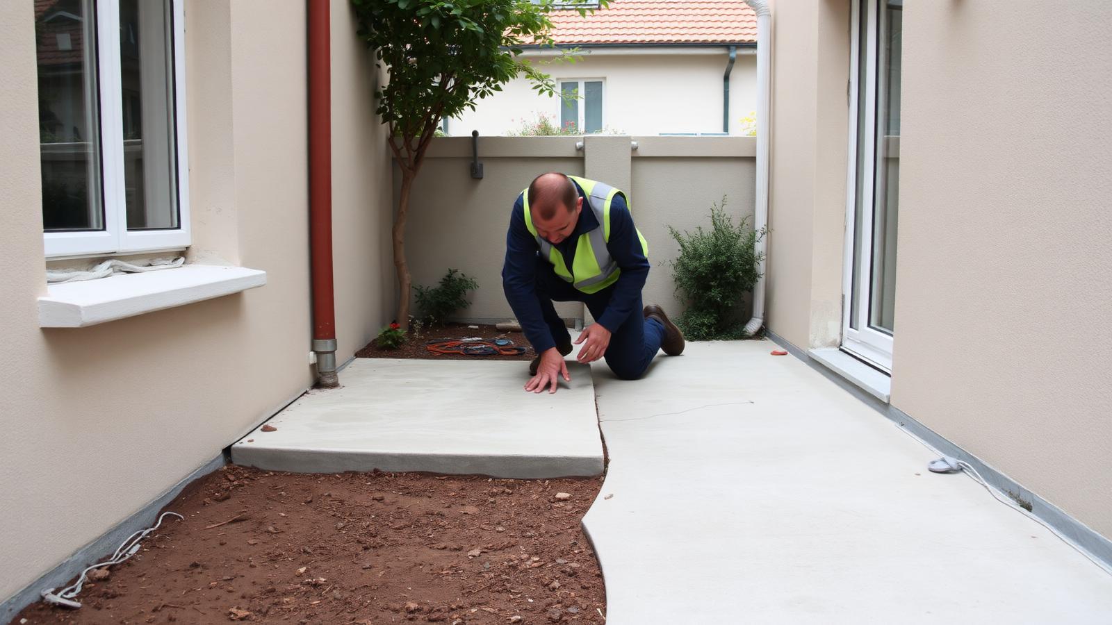Technicien GIC recherchant une fuite sur la terrasse d'une maison mitoyenne aux Pavillons-sous-Bois