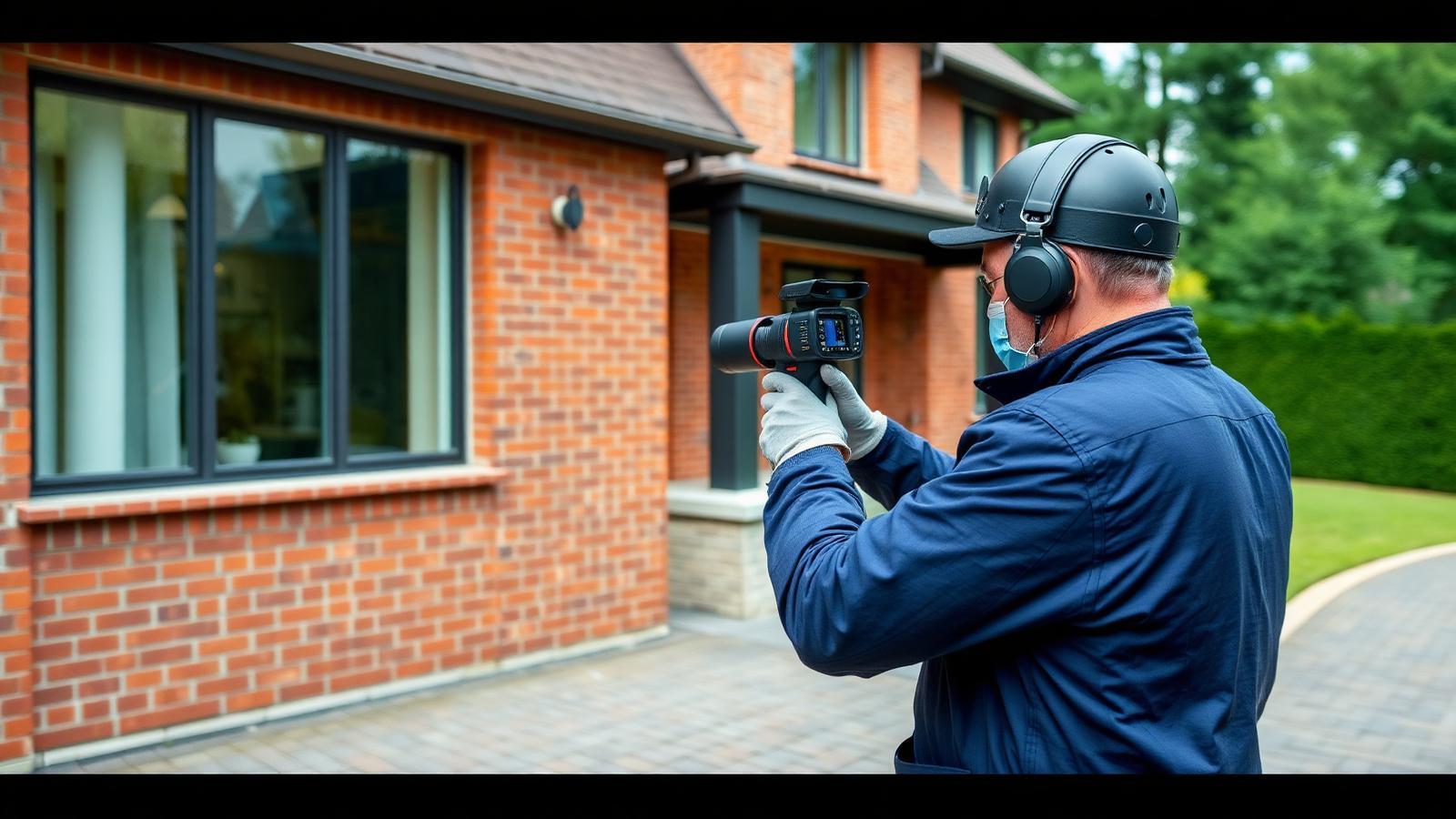 Technicien GIC contrôlant la façade d'une maison de lotissement à Plaisir avec une caméra thermique