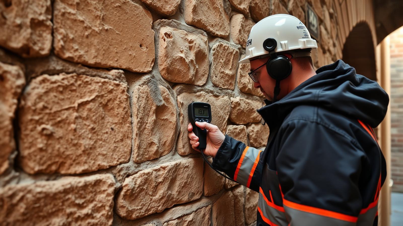 Technicien GIC mesurant l'humidité d'un mur en pierre médiévale à Provins