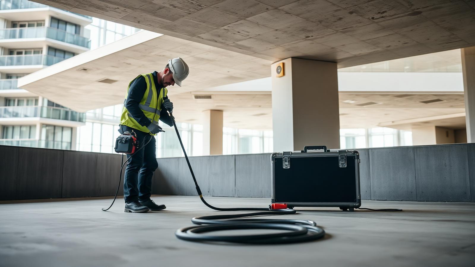 Technicien GIC recherchant une fuite sous la dalle technique d'un immeuble de Puteaux