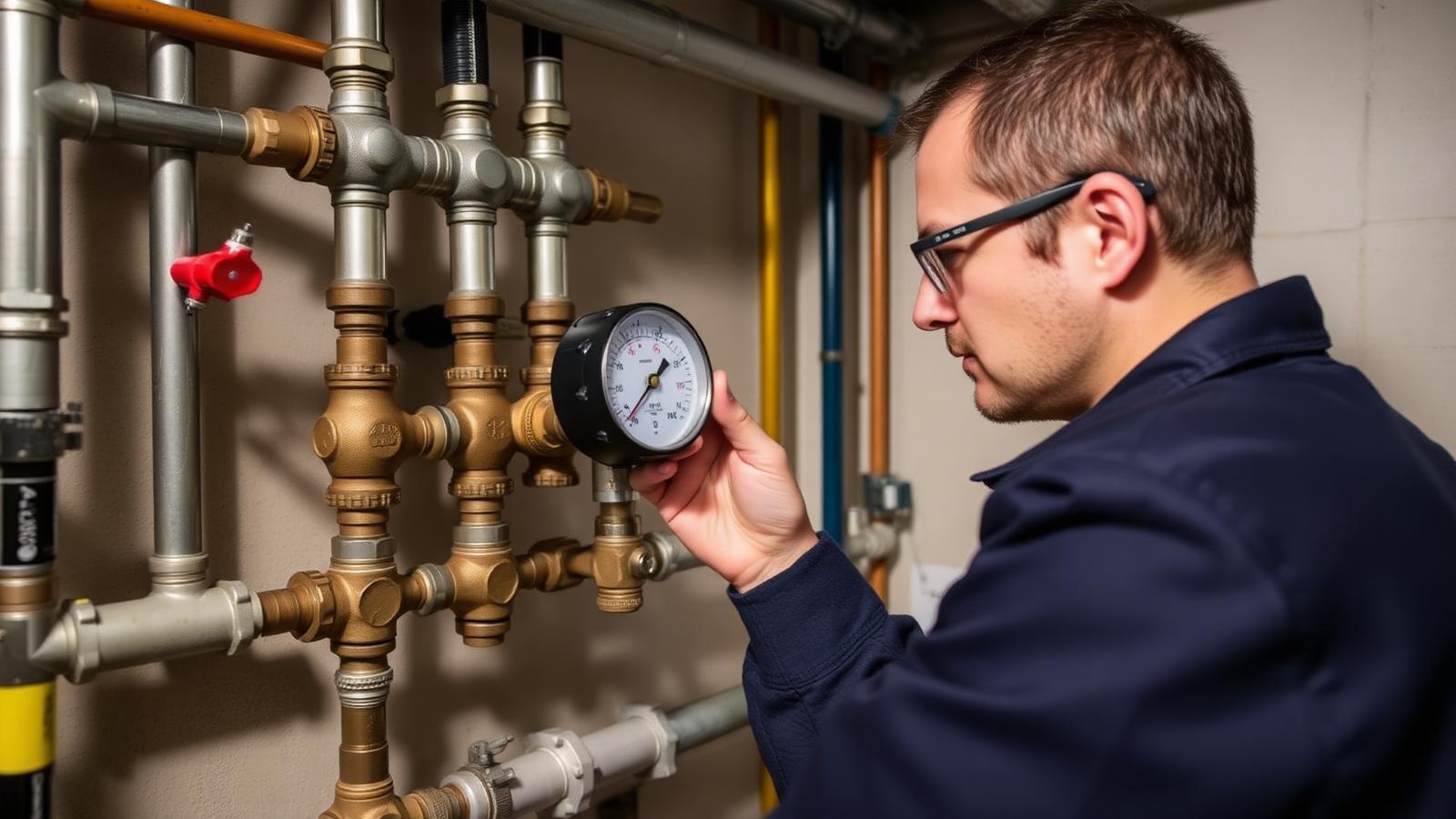Technicien GIC réalisant un test de pression dans un local technique d'immeuble à Ris-Orangis