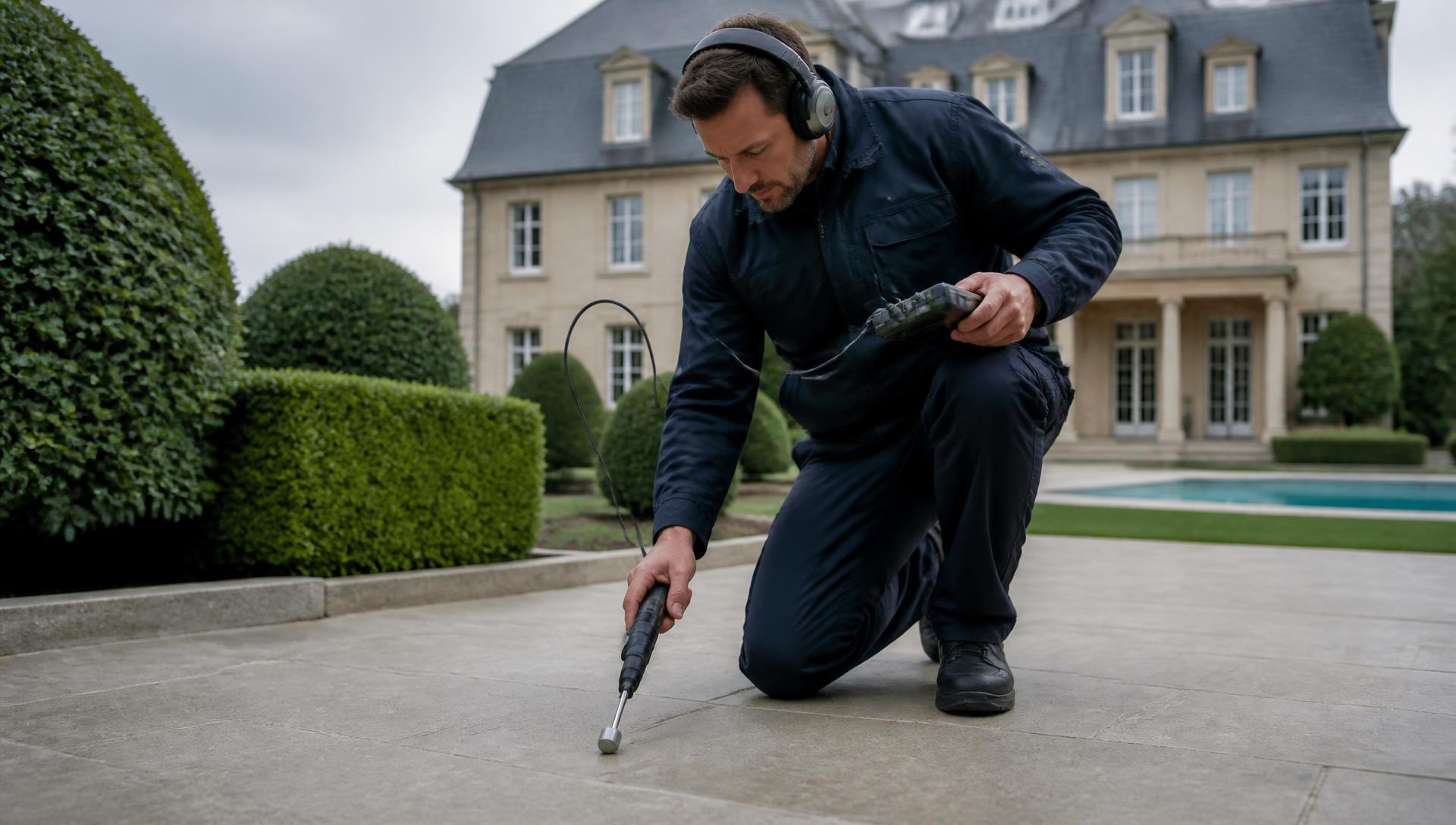 Technicien en recherche de fuite sur une terrasse de villa à Saint-Maur-des-Fossés