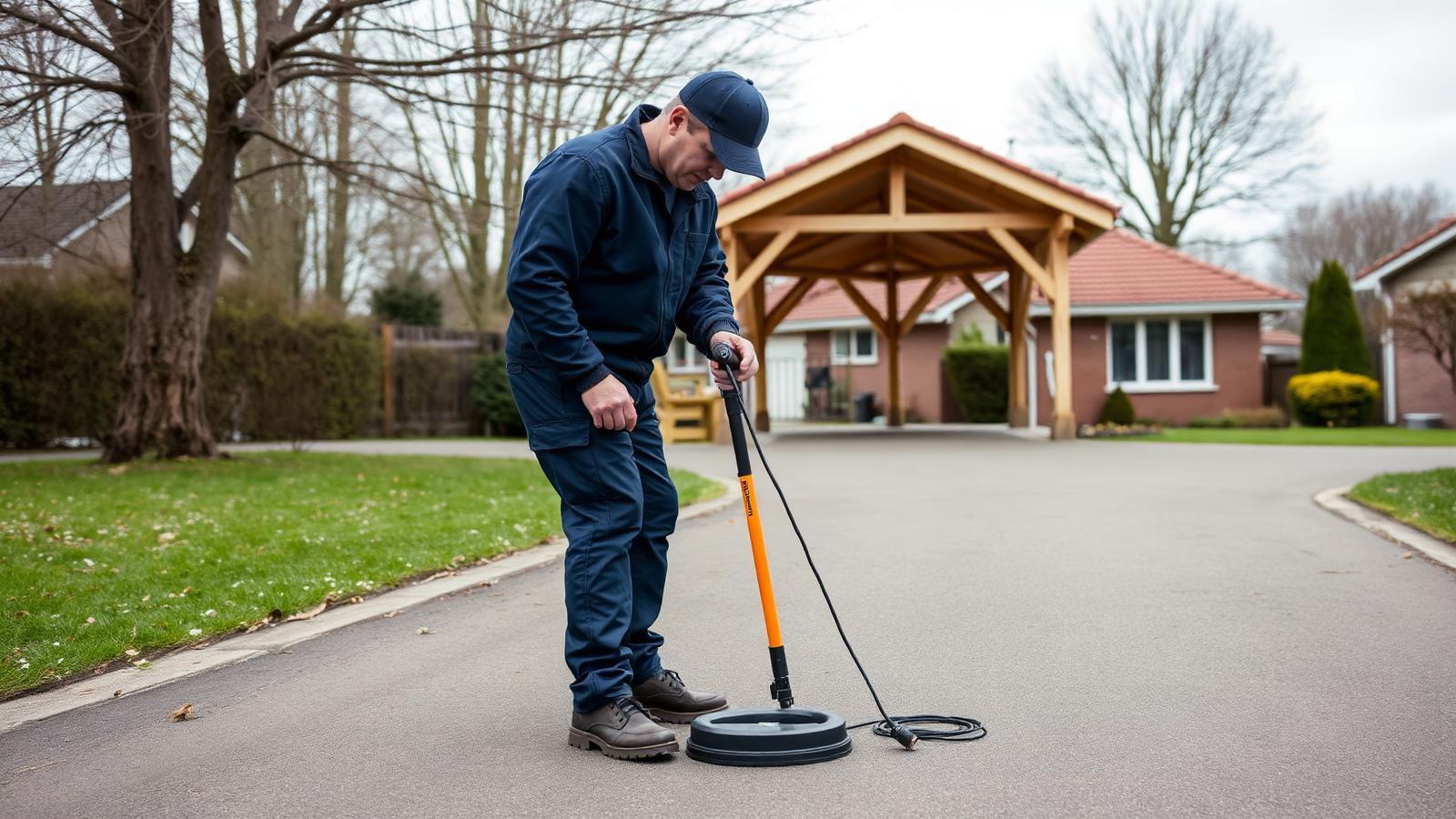 Technicien GIC équipé d'un microphone de sol devant un pavillon de Sainte-Geneviève-des-Bois