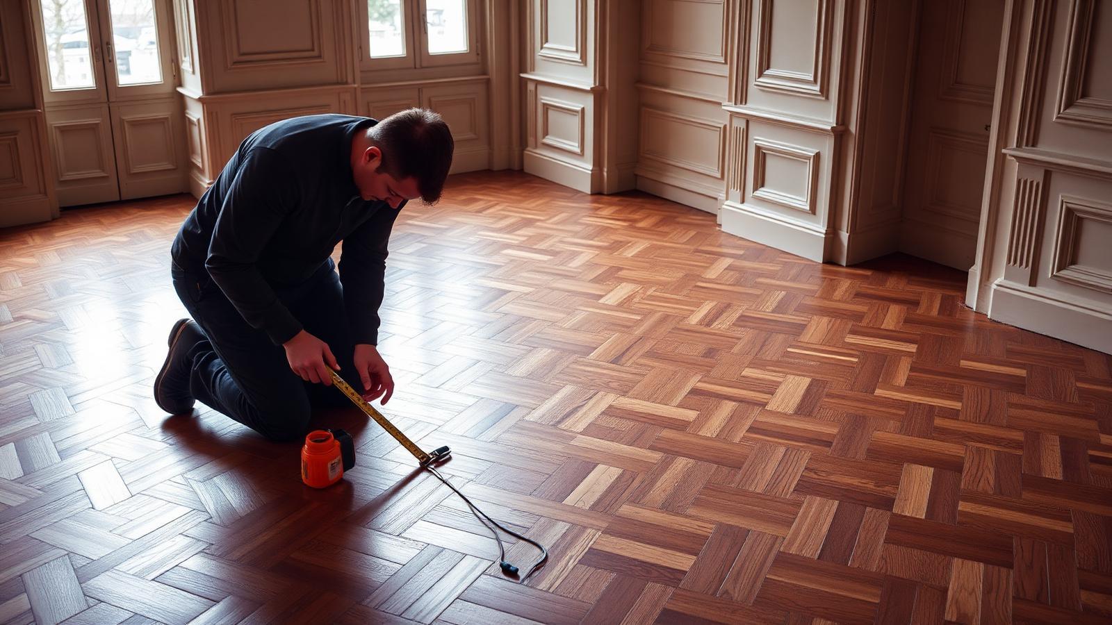 Technicien GIC contrôlant un parquet ancien à l'humidimètre dans une maison de Sceaux