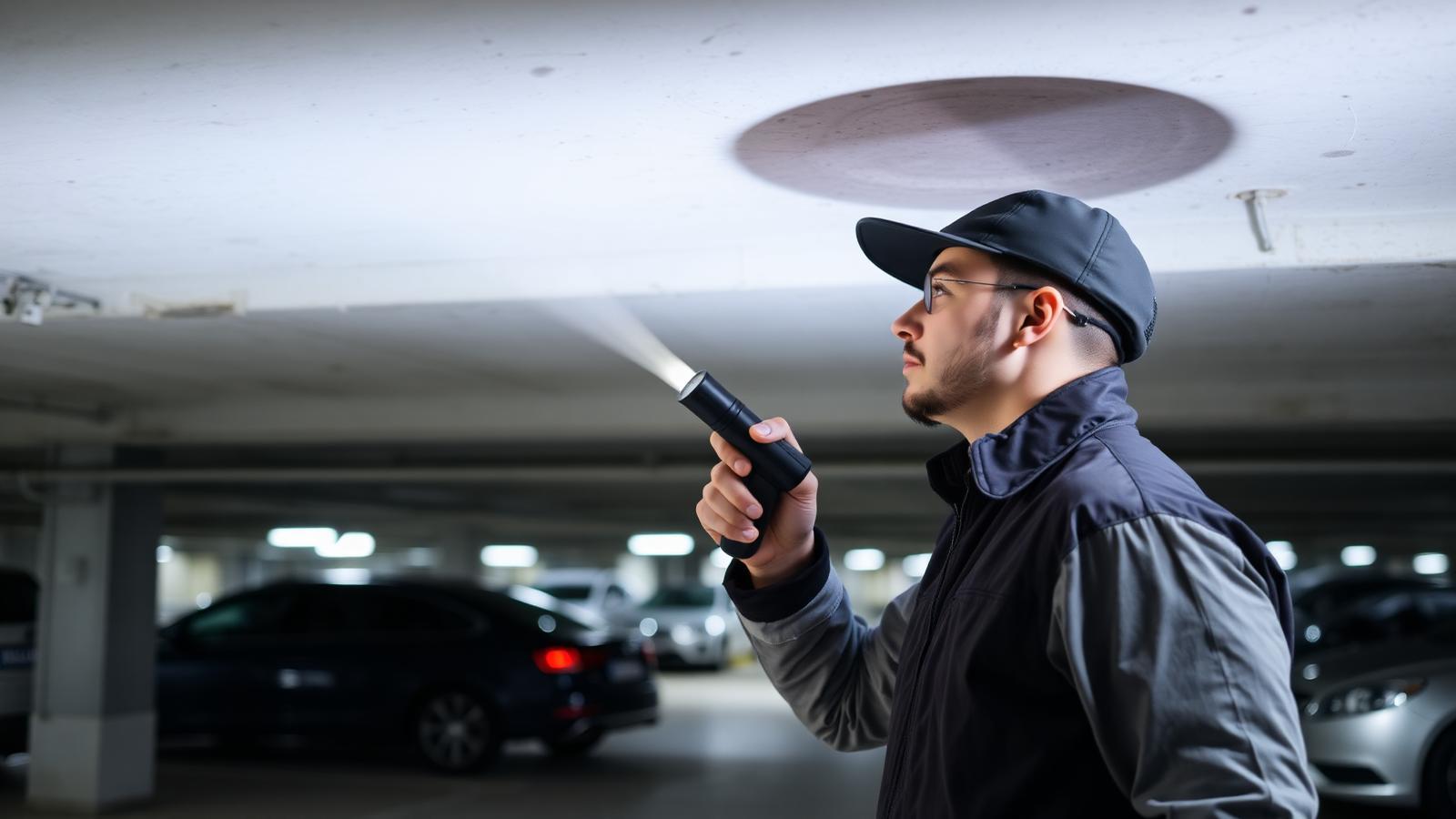 Technicien GIC inspectant une dalle de parking souterrain lors d'une recherche de fuite à Serris