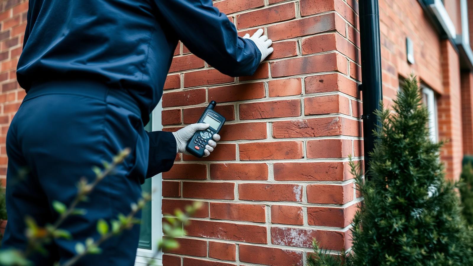 Technicien GIC contrôlant un mur de brique d'un pavillon de la cité-jardin de Stains