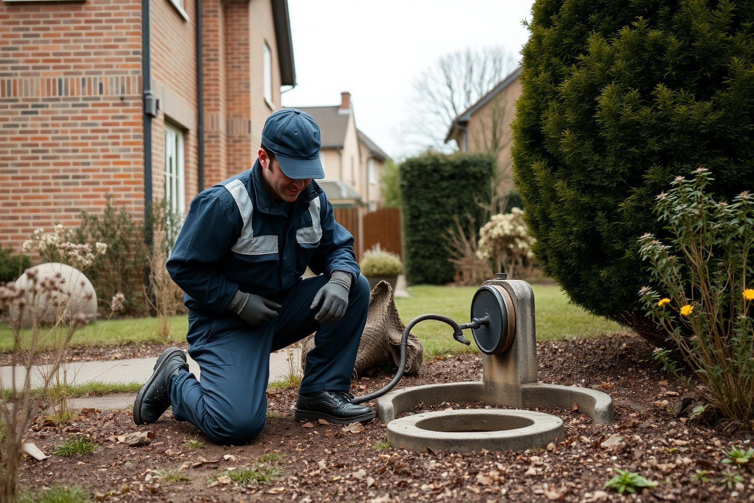 Technicien GIC contrôlant un regard de compteur d'eau devant un pavillon à Thiais