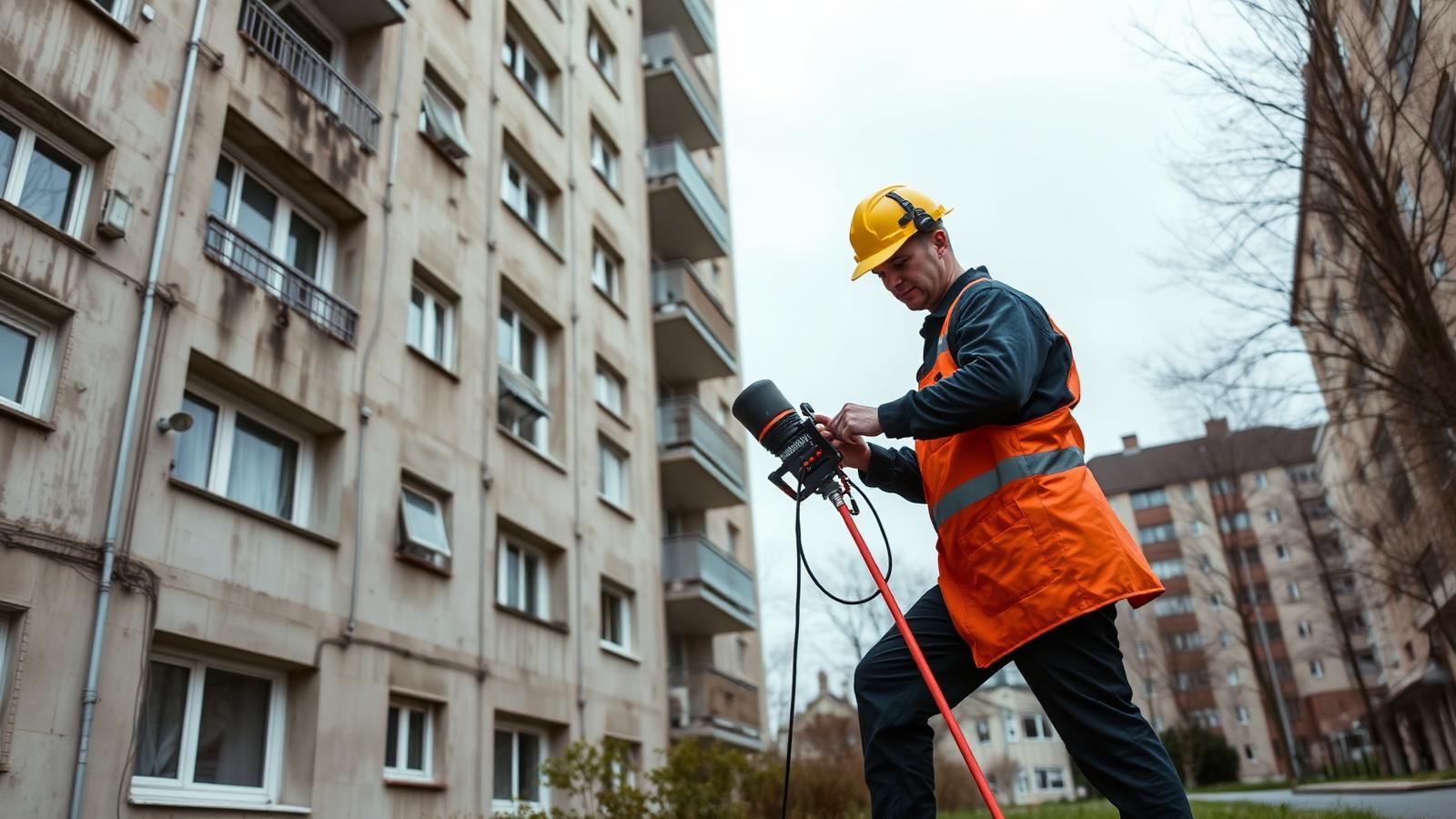 Technicien GIC en recherche de fuite au pied d'un immeuble collectif à Trappes