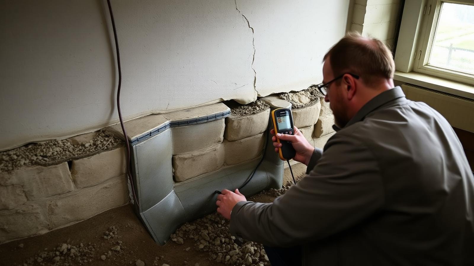Technicien GIC mesurant l'humidité d'un bas de mur dans un pavillon de Vaires-sur-Marne