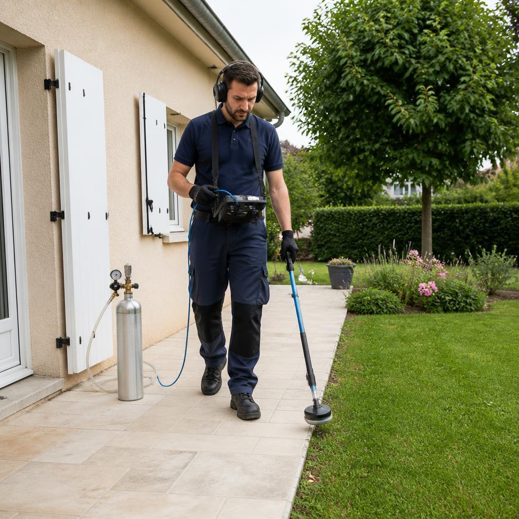 Technicien GIC Détect Fuite recherchant une fuite au gaz traceur sur une terrasse dans le Val-d'Oise