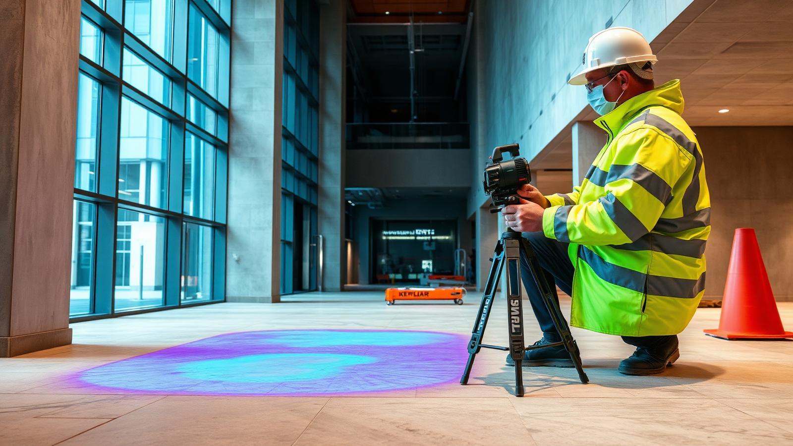 Technicien GIC contrôlant une dalle béton à la caméra thermique dans un bâtiment de Vélizy-Villacoublay