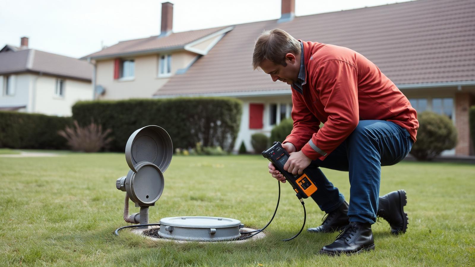 Technicien GIC utilisant un détecteur électronique près d'un regard de compteur dans un jardin de Vernouillet