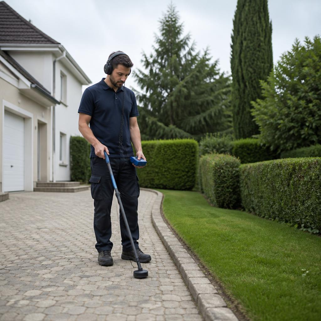 Technicien GIC contrôlant une canalisation dans un pavillon à Vigneux-sur-Seine