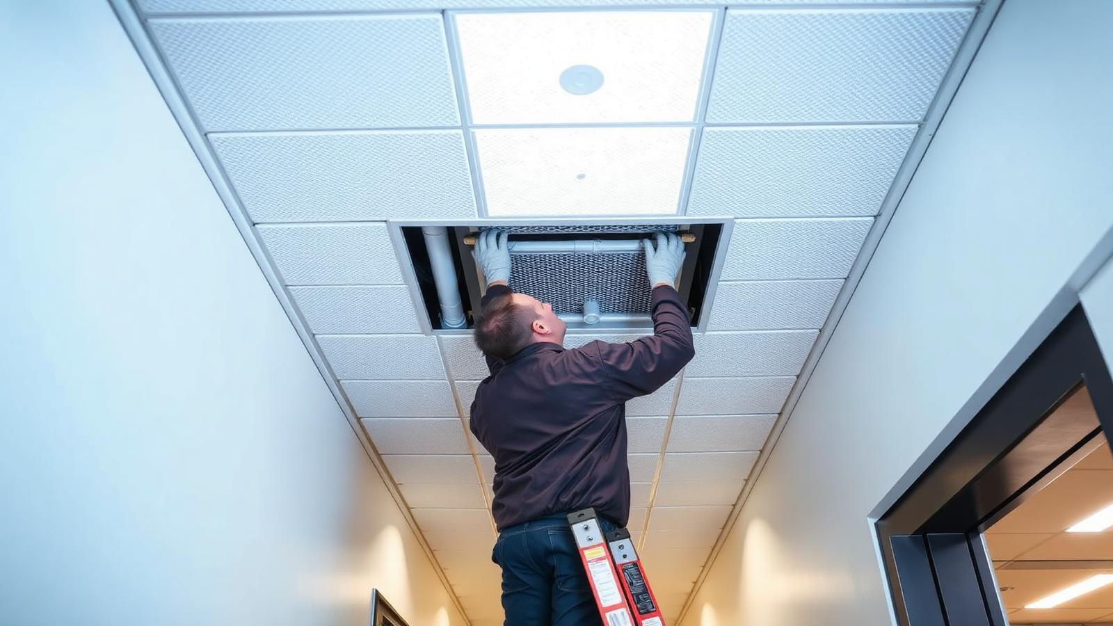 Technicien GIC inspectant un réseau au-dessus d'un faux plafond dans un bâtiment de Villetaneuse
