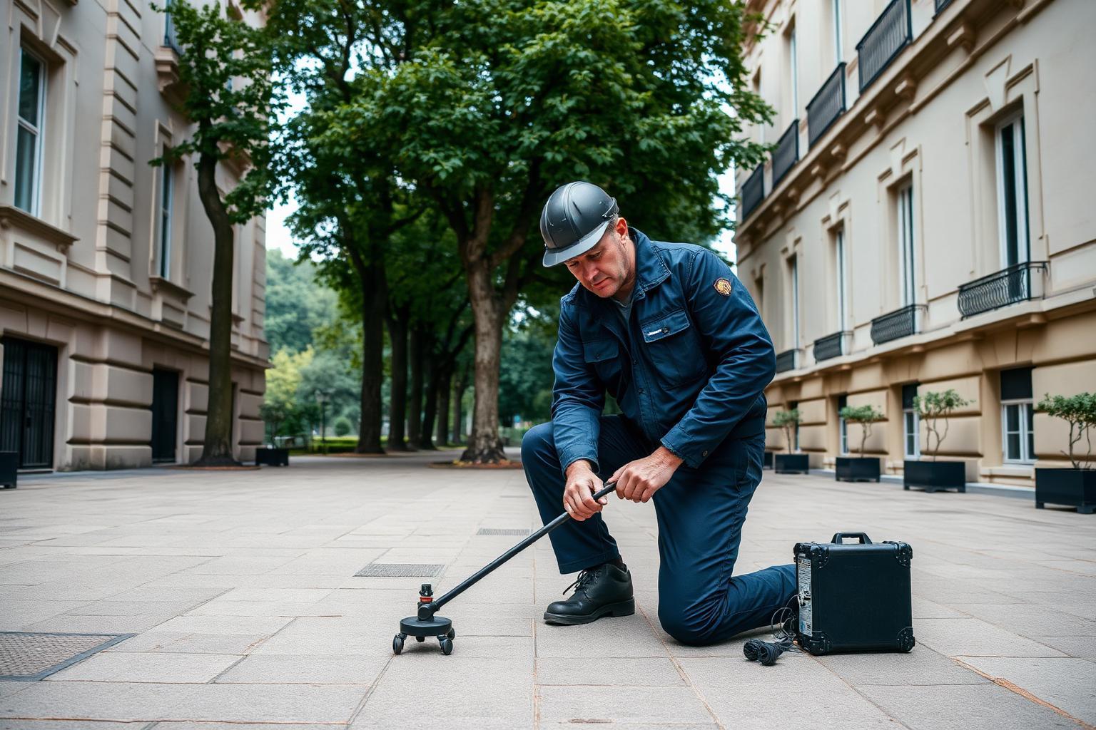 Technicien GIC en recherche de fuite devant un immeuble en pierre de taille à Vincennes