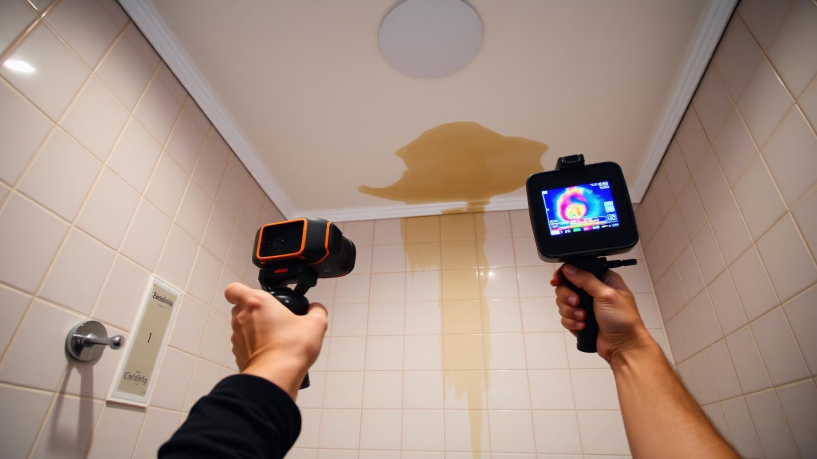 Technicien GIC contrôlant une salle de bains à la caméra thermique dans une maison de Viroflay