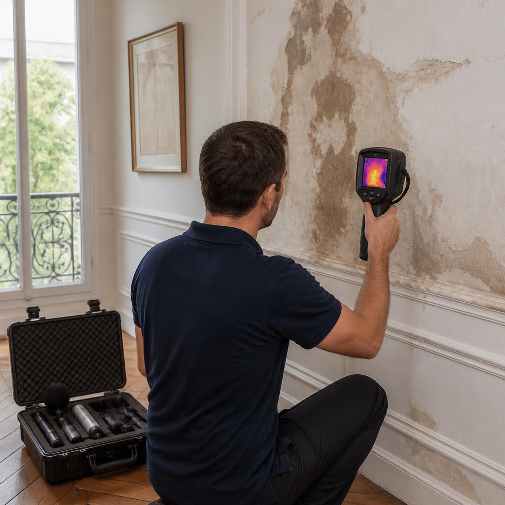 Technicien GIC Détect Fuite analysant un mur humide à la caméra thermique dans une maison des Yvelines