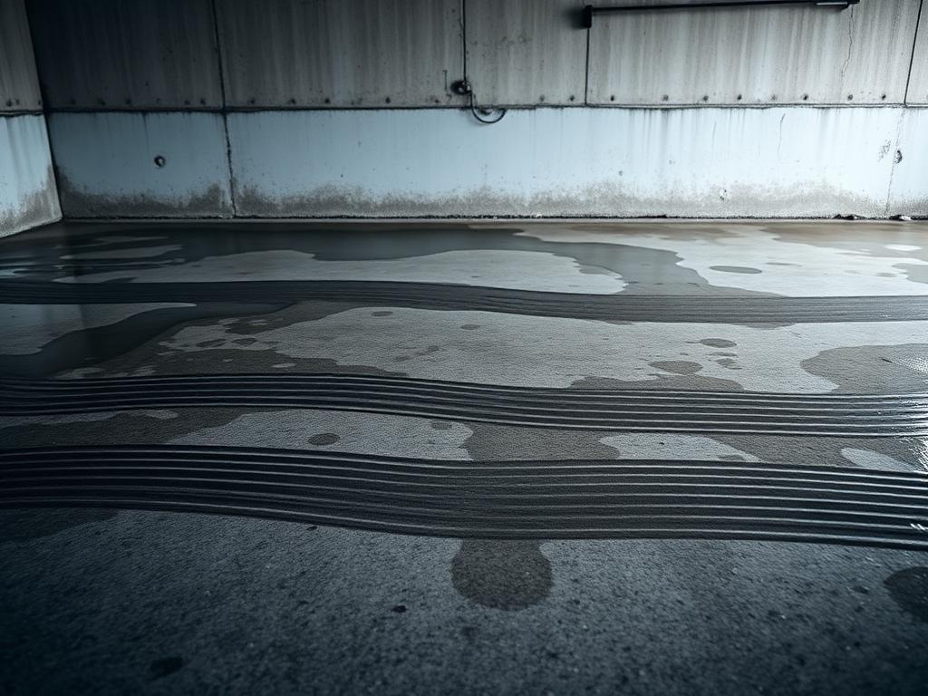 Eau stagnante sur le sol d'un garage semi-enterré à Joinville-le-Pont