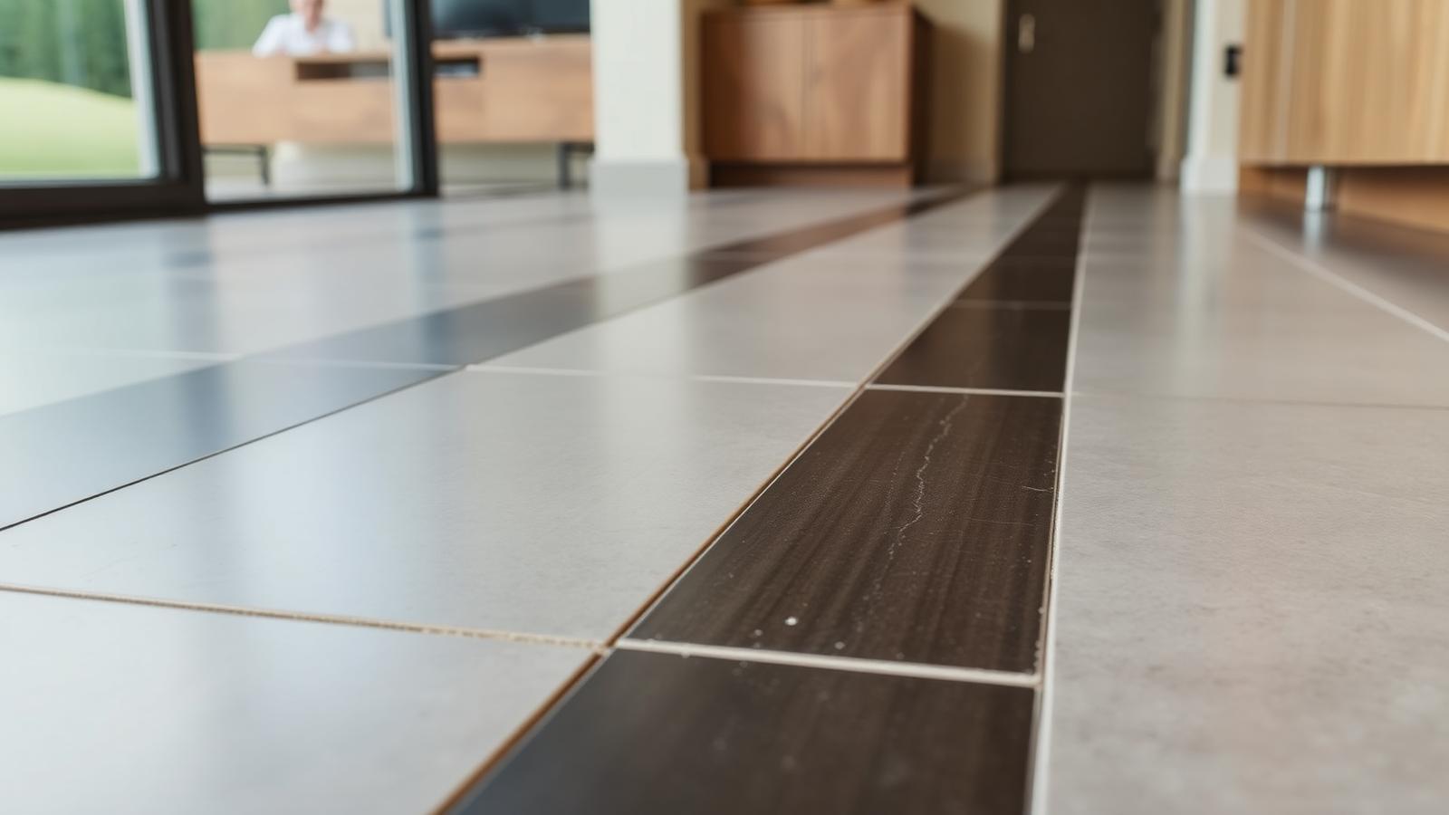 Carrelage et joints marqués par une remontée d'humidité dans une maison de Bailly-Romainvilliers