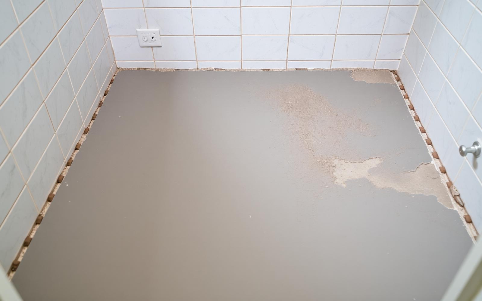Sol humide et carrelage taché dans un logement bondynois lors d'un diagnostic de fuite