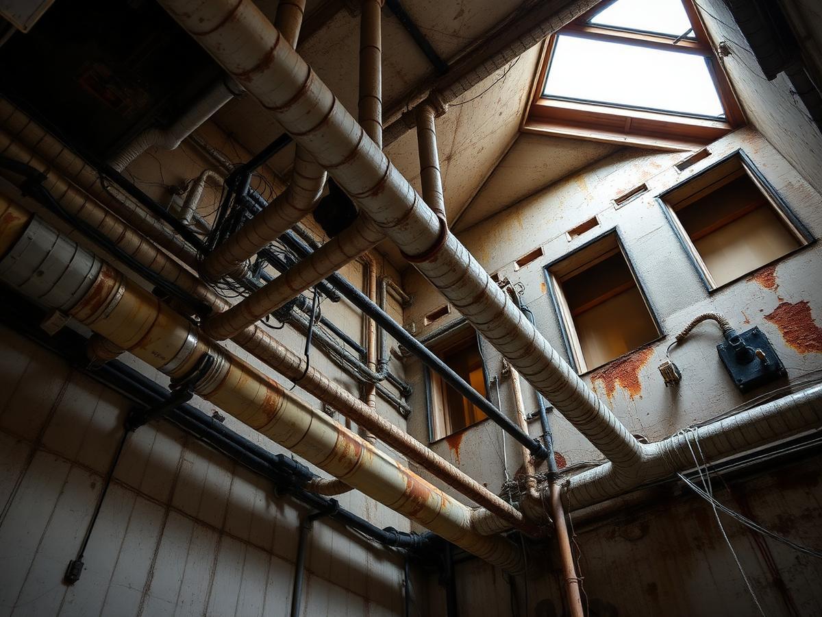 Gaine technique d'immeuble avec canalisations corrodées à Champs-sur-Marne
