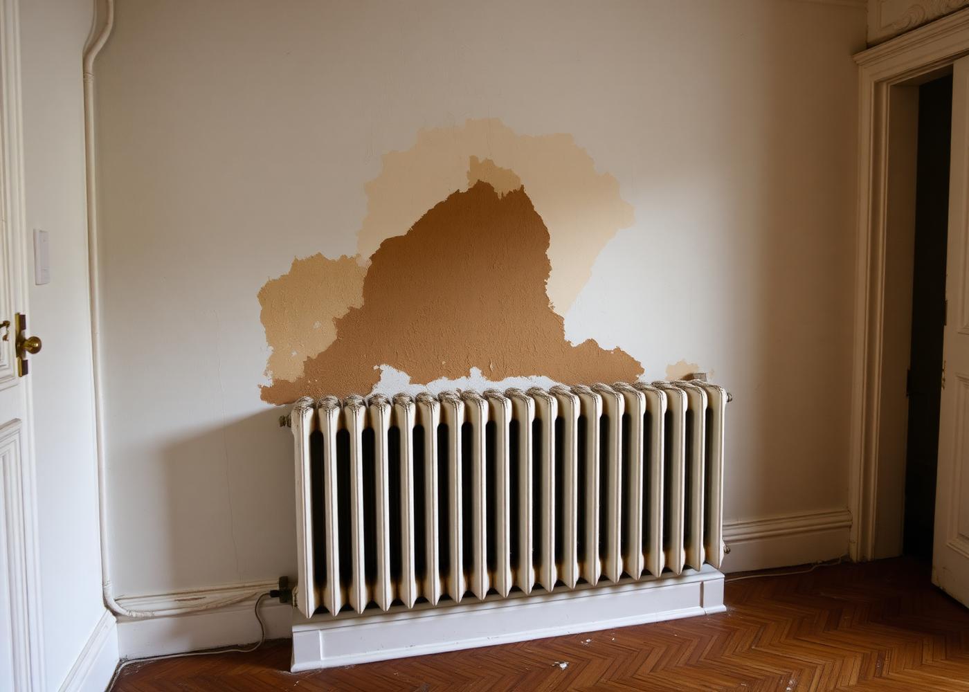 Mur intérieur humide et peinture cloquée derrière un radiateur dans une maison ancienne de Chatou