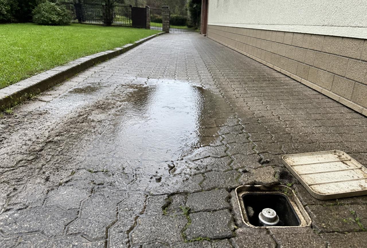 Allée détrempée et regard de compteur ouvert devant un pavillon de Colombes