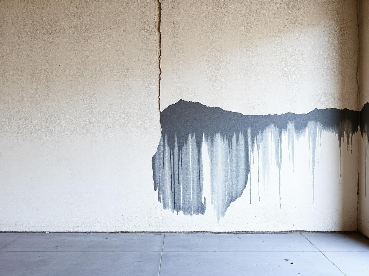 Peinture cloquée par l'humidité en bas de mur dans un sous-sol de Courtry