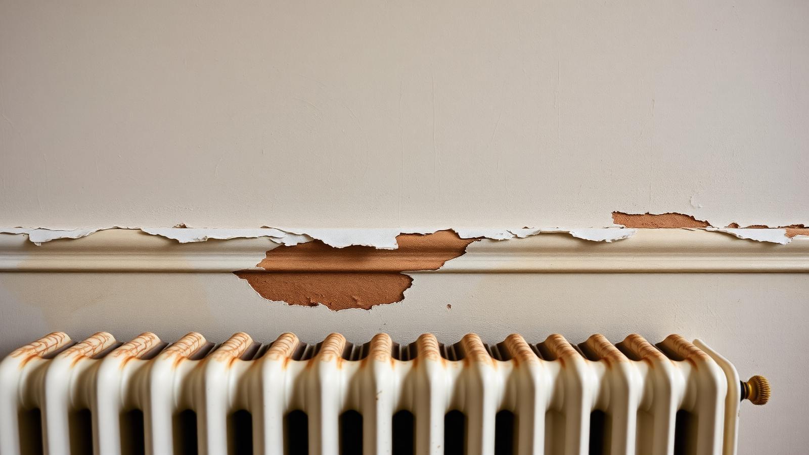 Peinture cloquée et plinthe humide derrière un radiateur dans une maison du Chesnay-Rocquencourt