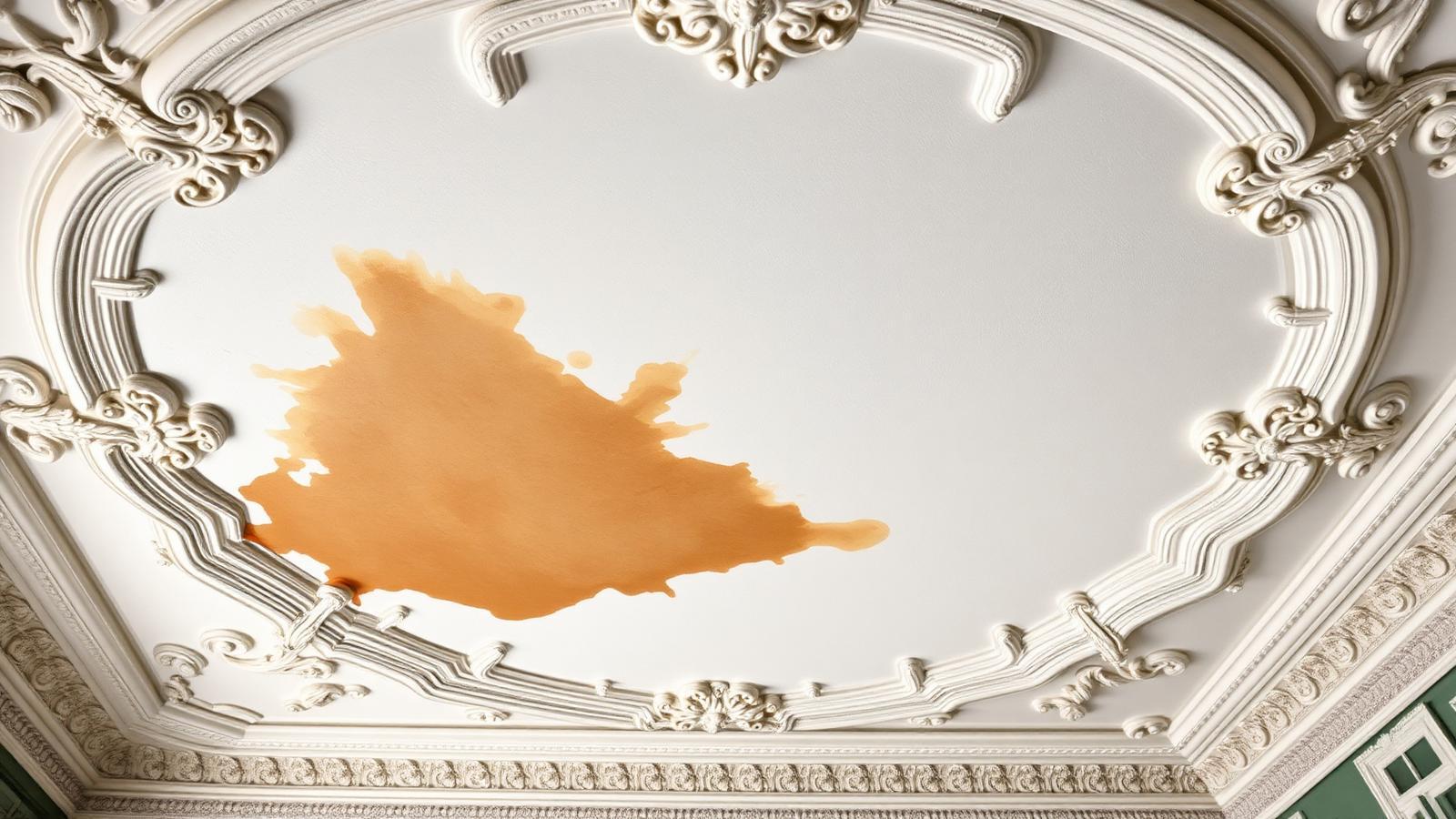 Tache d'humidité sur un plafond à moulures d'une villa du Raincy