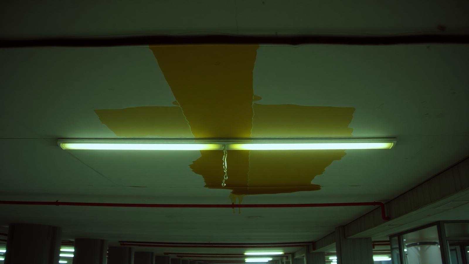 Infiltration et dépôts calcaires au plafond d'un parking souterrain aux Ulis