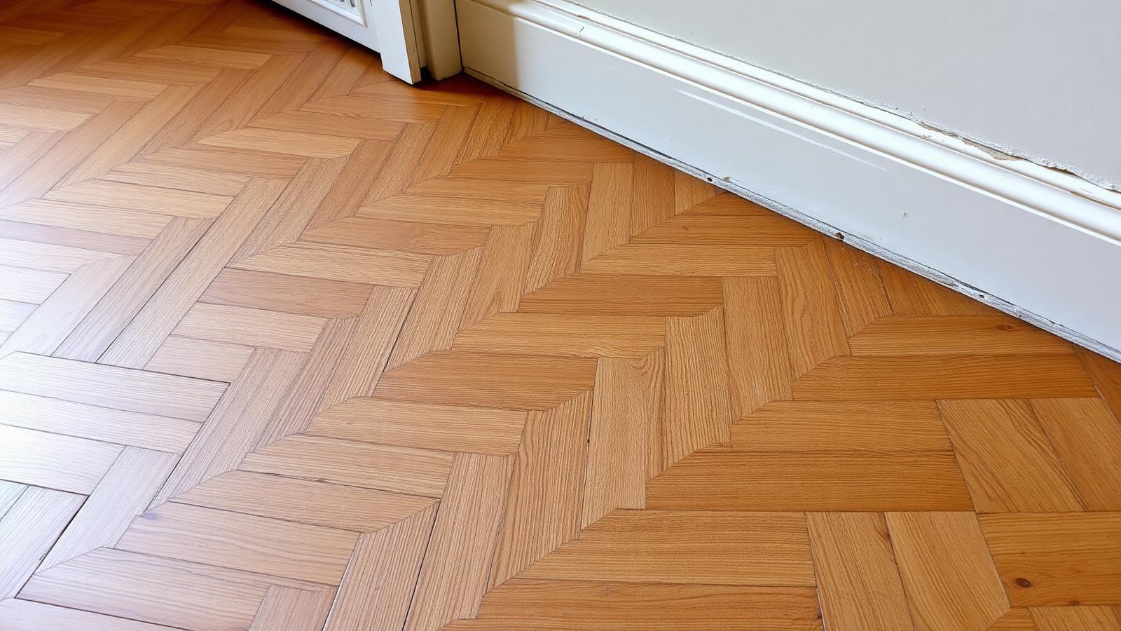 Lames de parquet ancien gondolées par une fuite dans une maison de Marly-le-Roi