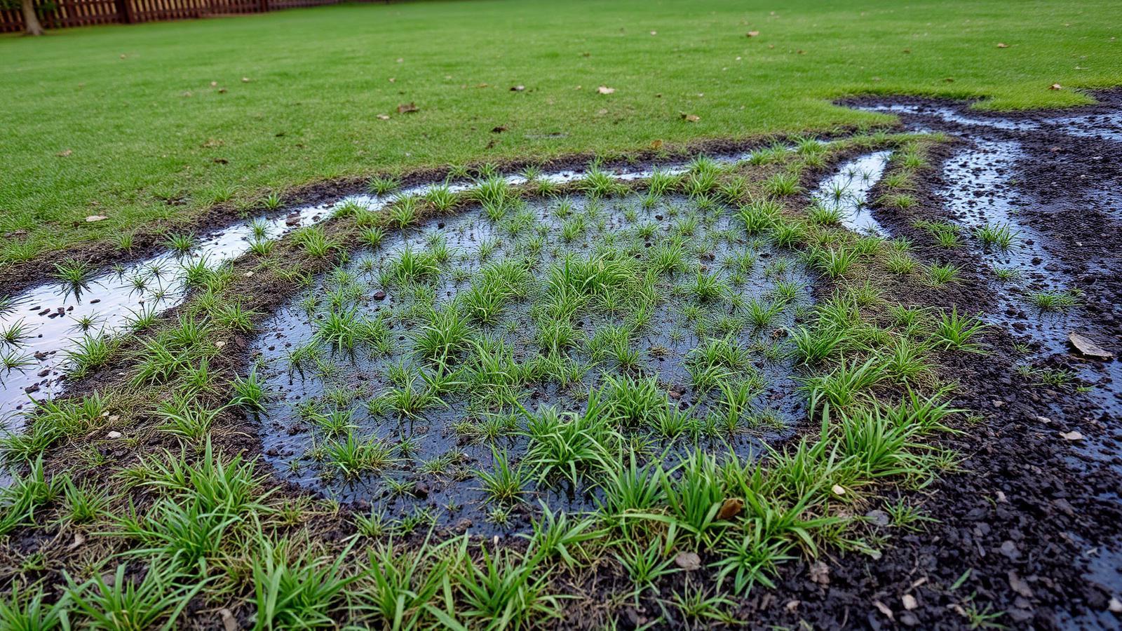 Zone de pelouse détrempée dans un grand jardin de Montfermeil
