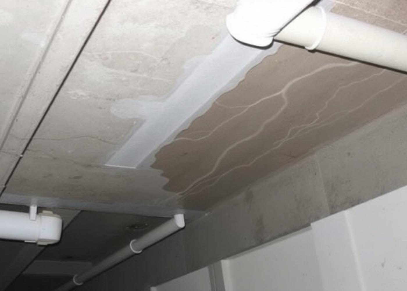 Infiltration et traces de calcaire au plafond d'un parking souterrain à Montigny-le-Bretonneux