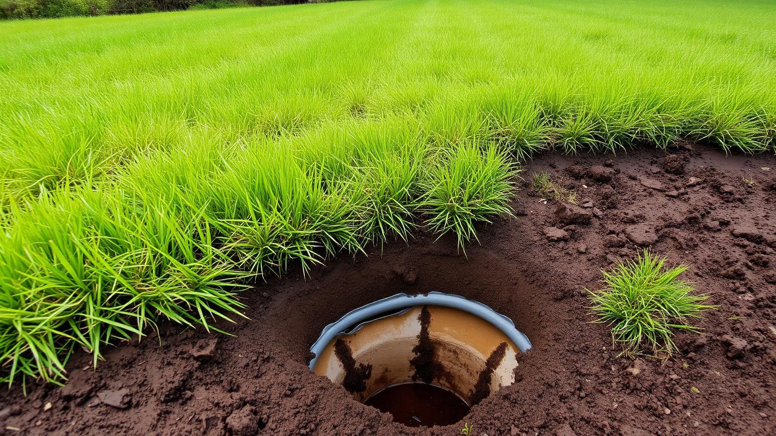 Zone de terrain détrempée au-dessus d'un branchement d'eau enterré à Nangis