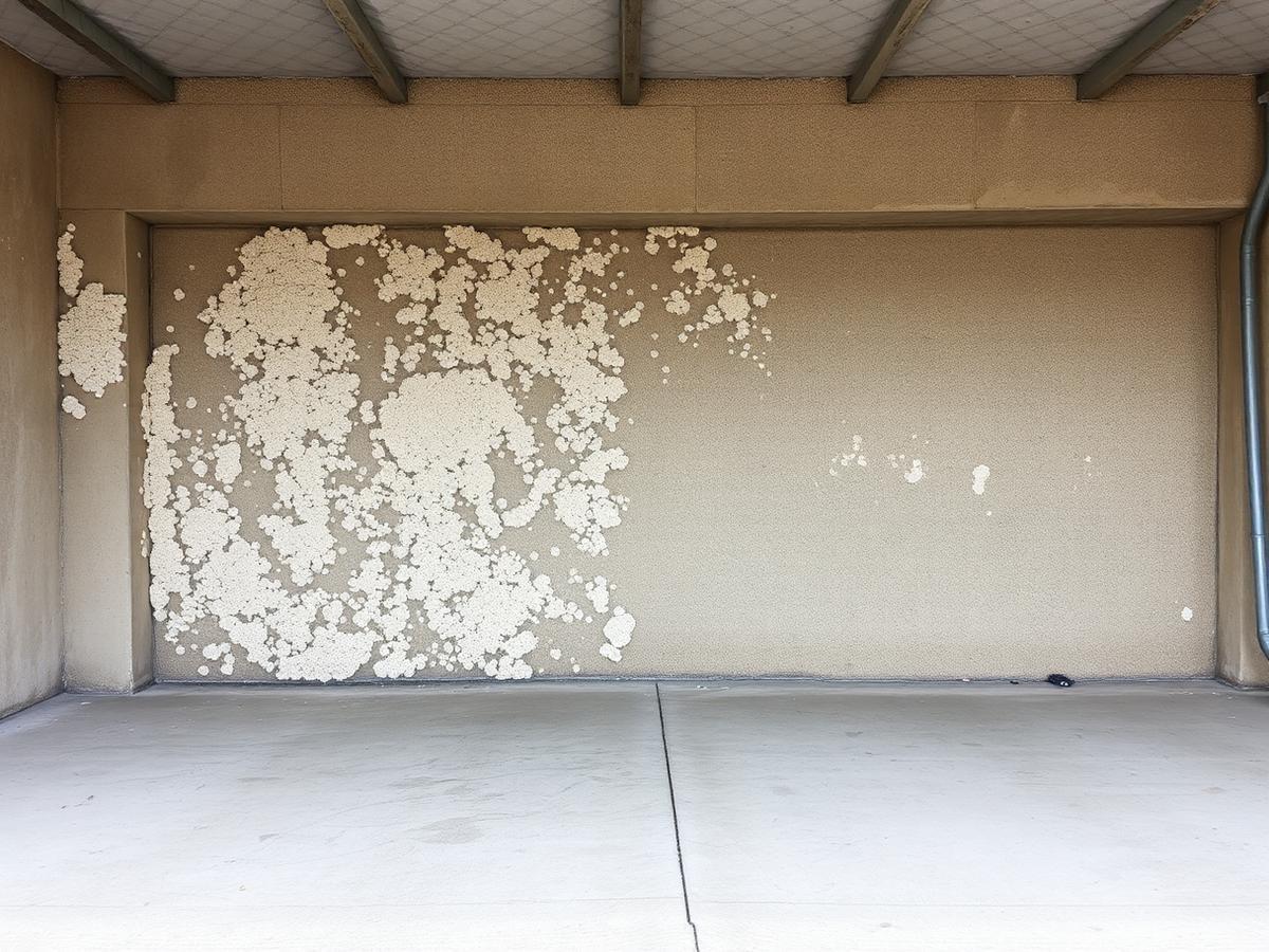 Salpêtre et enduit dégradé en bas de mur de garage à Roissy-en-Brie