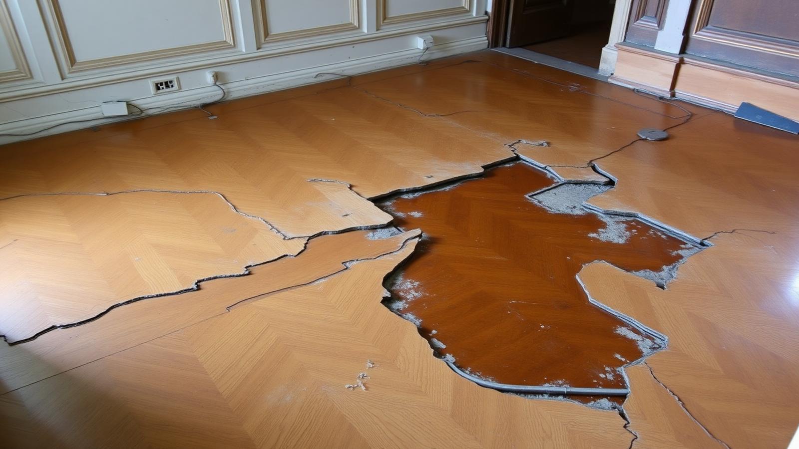 Parquet ancien déformé par l'humidité dans une maison de Sceaux