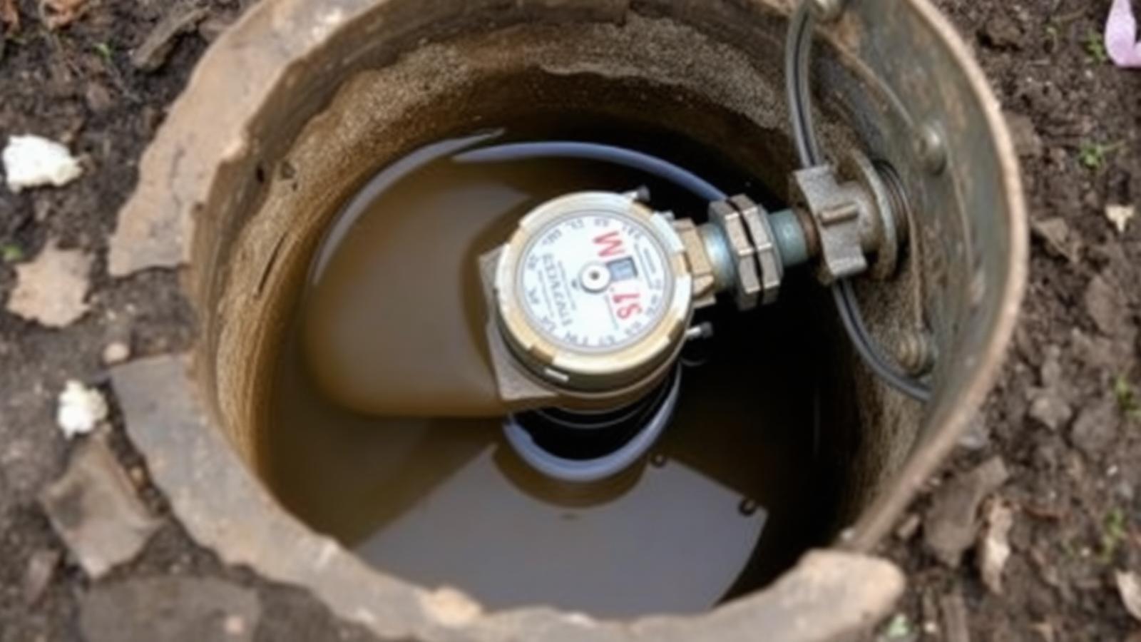 Regard de compteur d'eau noyé dans un jardin de Vernouillet
