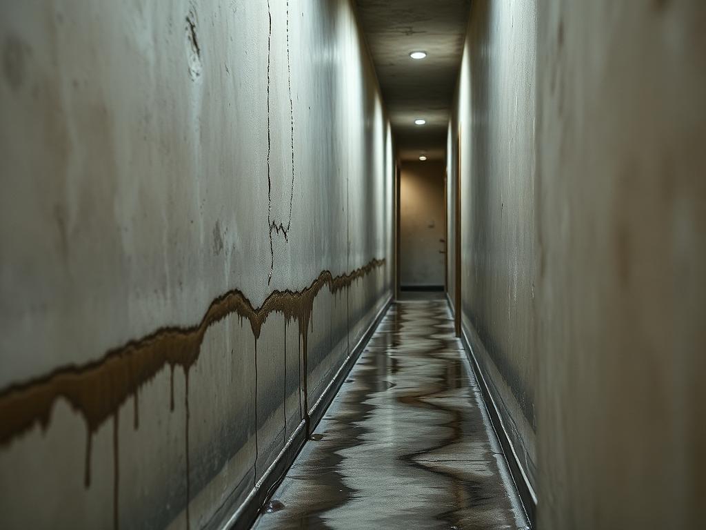 Infiltration d'eau au bas d'un mur béton dans un couloir d'immeuble à Orly