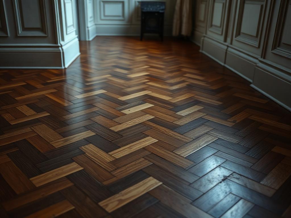 Parquet à bâtons rompus gondolé par l'humidité dans un appartement de Saint-Mandé