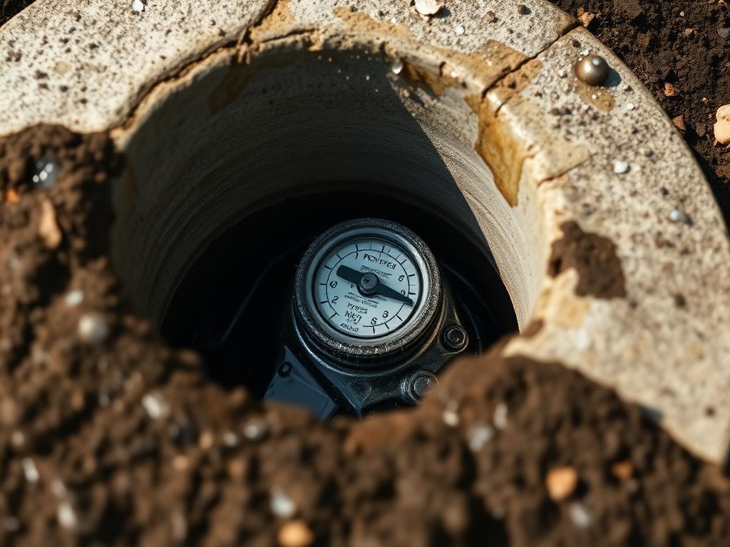 Regard de compteur d'eau rempli d'eau devant une maison à Thiais