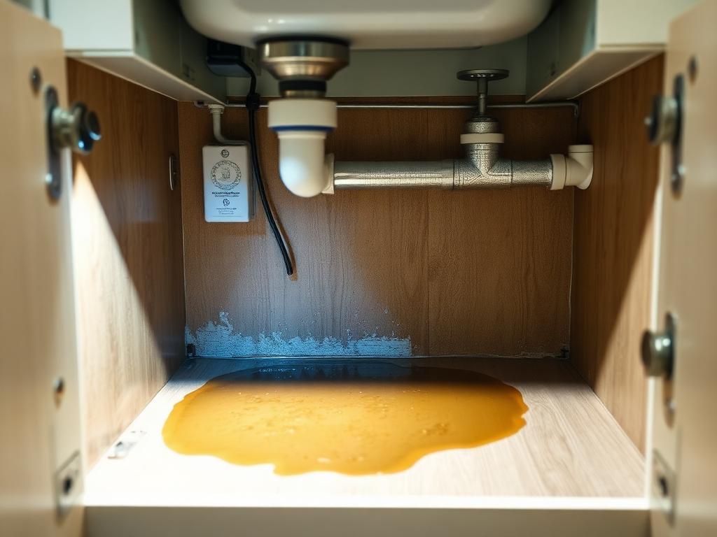 Bas de meuble de cuisine gonflé par une fuite lente dans un logement de Villejuif