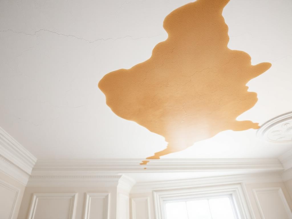 Tache d'humidité brune sur un plafond mouluré d'appartement ancien à Vincennes